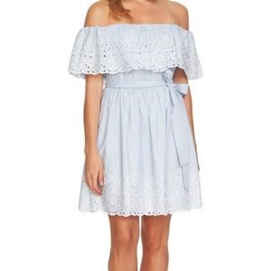 Cece Off the shoulder Embroidered Stripe Dress